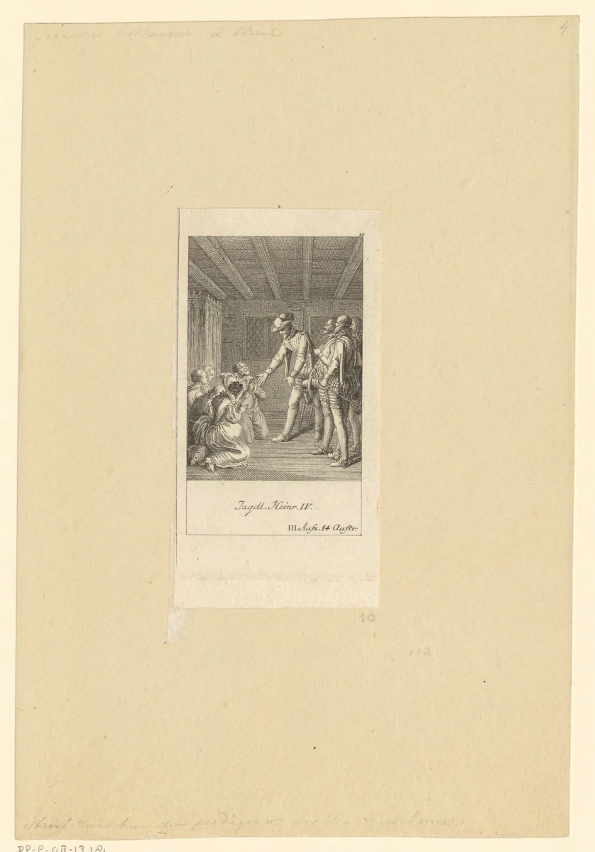 Michau, Margot, Lucas, Catau, Richard en Agathe knielen voor Hendrik IV by Daniel Berger, print, 1774