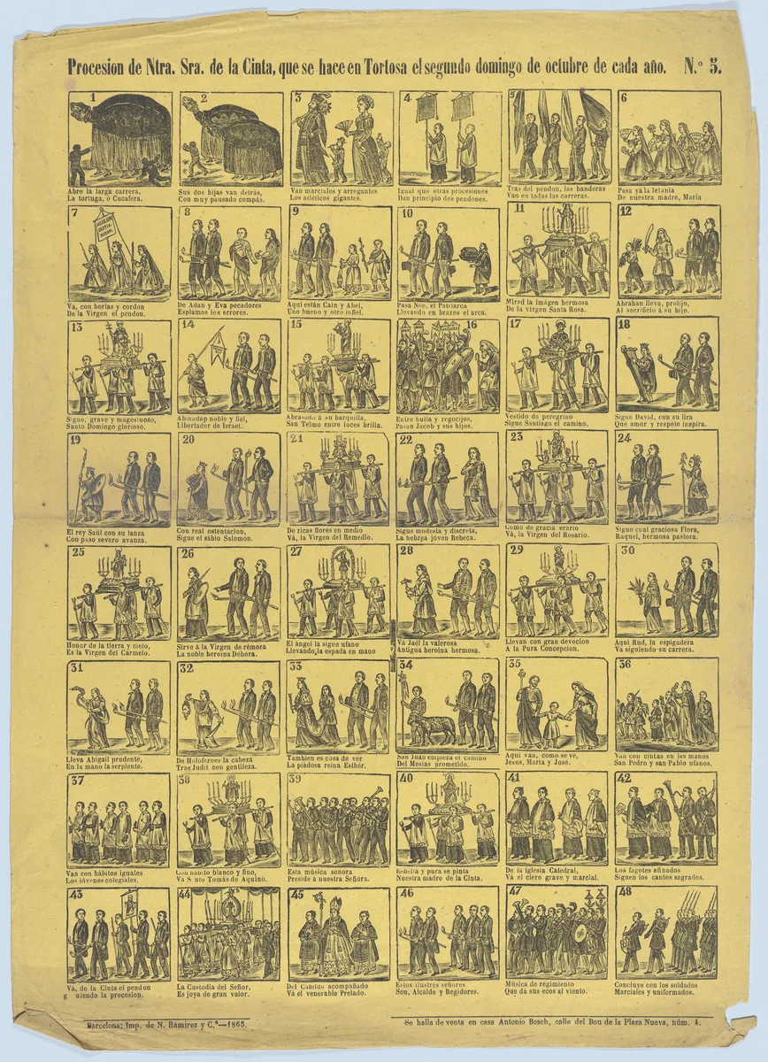Broadside with 48 scenes relating to the procession of Our Lady of Cinta (Tortosa) by José Noguera, print, 1865