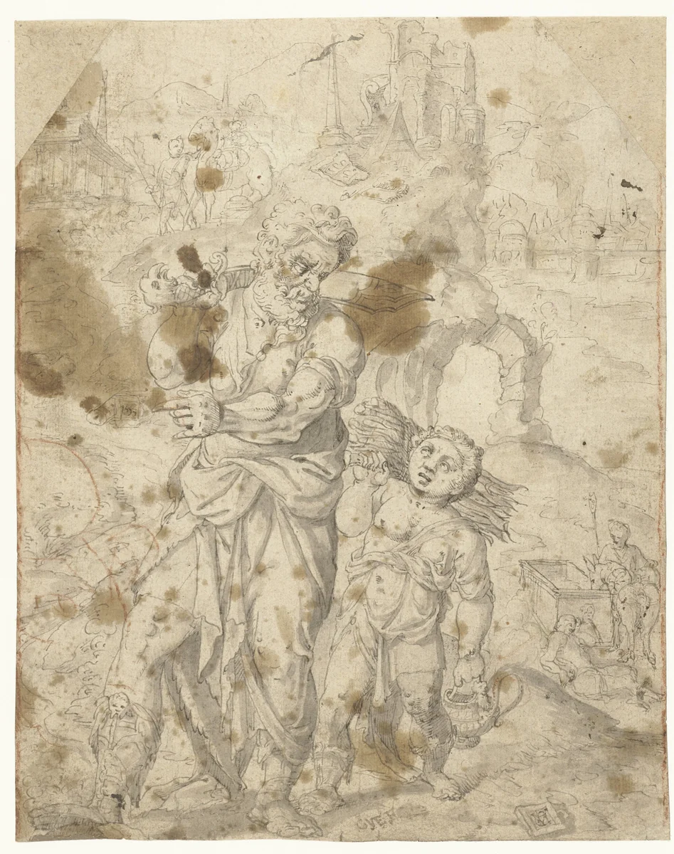 Abraham en Izaäk onderweg naar de offerplaats by Monogrammist VCH of HVC, drawing, 1553