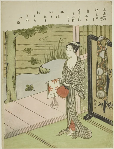 Poem by Fujiwara no Toshiyuki, from an untitled series of Thirty-Six Immortal Poets by Suzuki Harunobu (鈴木春信), print, 1762-1770