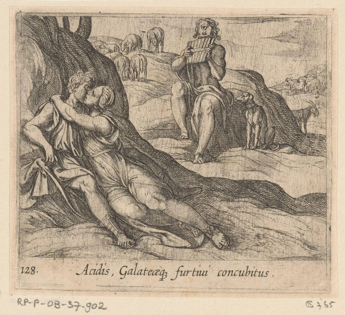 Galatea en Acis omhelzen elkaar, terwijl Polyphemus voor Galatea zingt by Antonio Tempesta, print, 1606