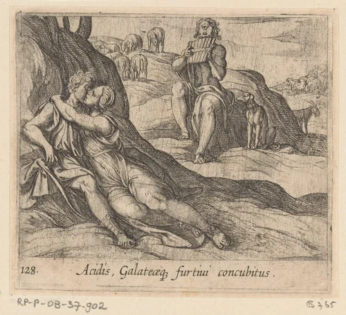 Galatea en Acis omhelzen elkaar, terwijl Polyphemus voor Galatea zingt by Antonio Tempesta, print, 1606
