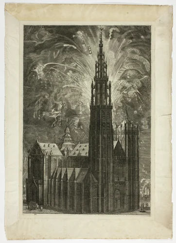 Firework around the Antwerp Cathedral, plate 41 from Casperius Gevartius, Pompa Introitus Honori Serenissimi Principis Ferdinandi by Unknown Artist, print, 1642