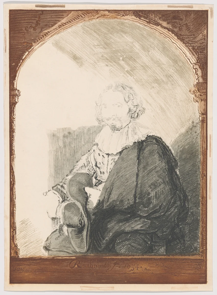Portrait of a Man in an Armchair, from Collection d'imitations de Dessins d'après les Principaux Maîtres Hollandais et Flamands by Rembrandt van Rijn, print, 1826