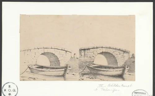 Twee boten en twee bruggen by anonymous, print, 1800-1899