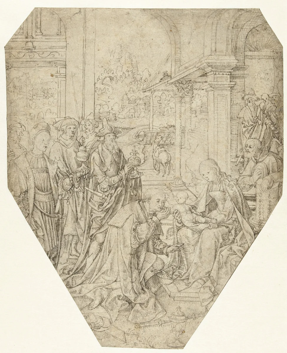 Aanbidding der koningen by Unknown, drawing, 1500-1550