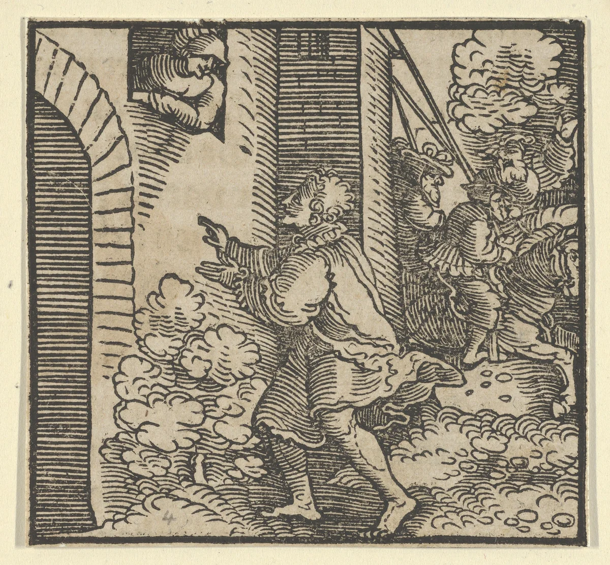 Rinaldo Robbed, Standing in front of the Widow's House, from The Decameron by Hans Schäufelein, print, 1534