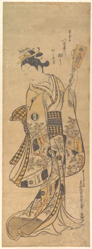 Yaoya O Shichi Standing, Holding a Love Letter and a Battledore by Okumura Masanobu (奥村政信), print, 1738-1758