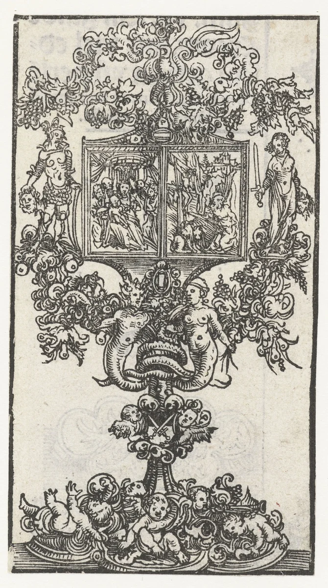 Monstrans met Maria met kind en Hieronymus als boeteling met links David met het hoofd van Goliath en rechts Judith met het hoofd van Holofernes by Lucas Cranach, print, 1509-1549