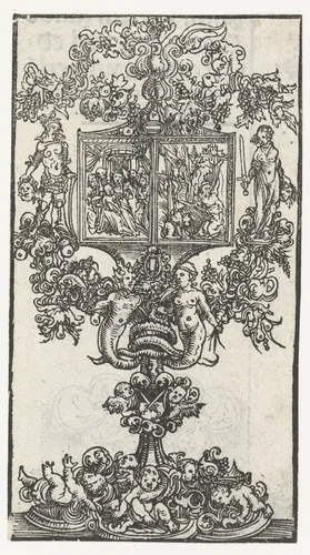 Monstrans met Maria met kind en Hieronymus als boeteling met links David met het hoofd van Goliath en rechts Judith met het hoofd van Holofernes by Lucas Cranach, print, 1509-1549