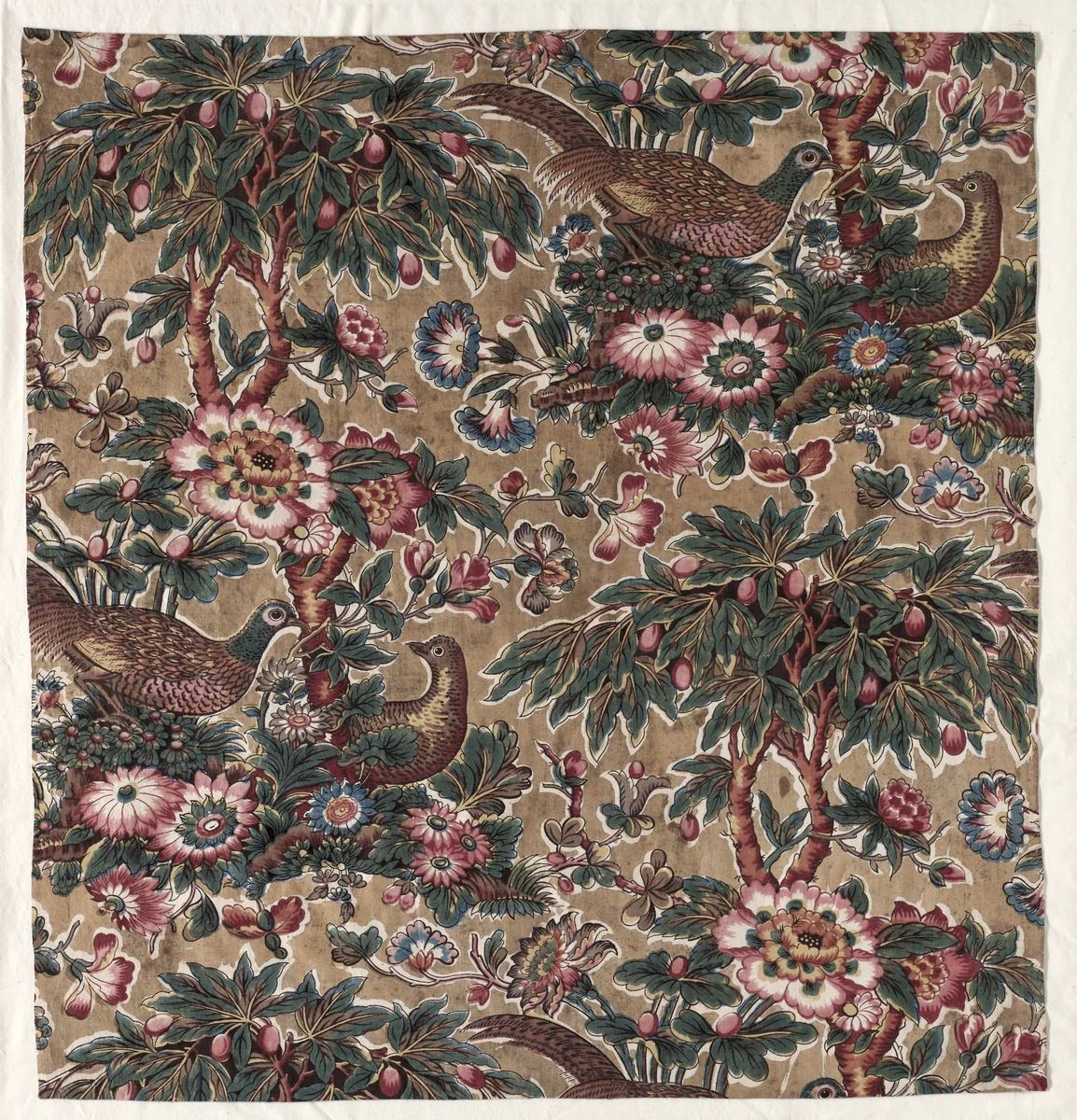 Glazed Chintz with Pheasant and Flower Design by Bannister Hall, textile, 1811-1821
