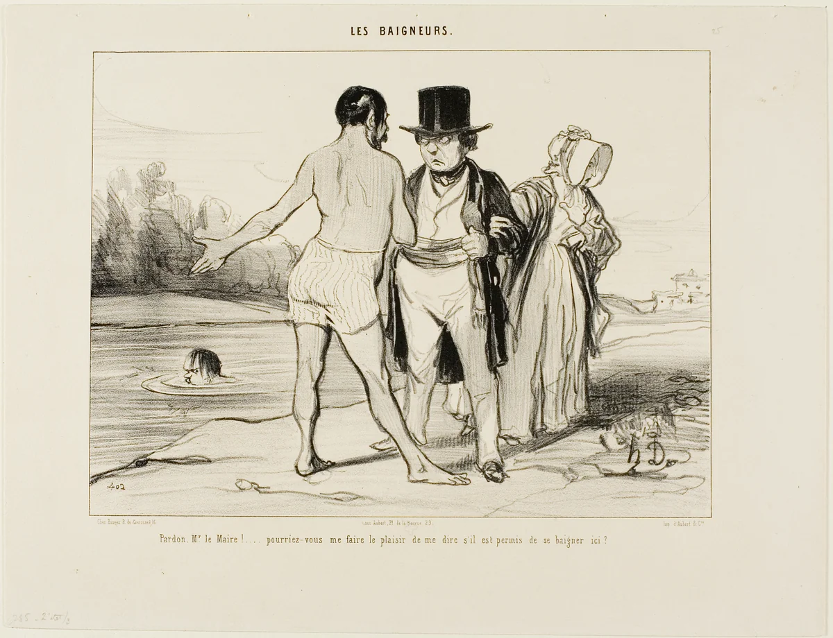 “Pardon me, Mayor.... would you please be so kind to tell me whether swimming is allowed here?,” plate 25 from Les Baigneurs by Honoré-Victorin Daumier, print, 1840