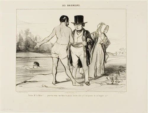 “Pardon me, Mayor.... would you please be so kind to tell me whether swimming is allowed here?,” plate 25 from Les Baigneurs by Honoré-Victorin Daumier, print, 1840