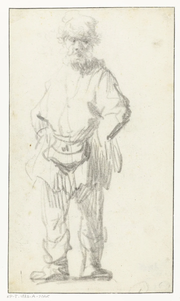 Staande man met tas by Rembrandt van Rijn, drawing, 1629-1630