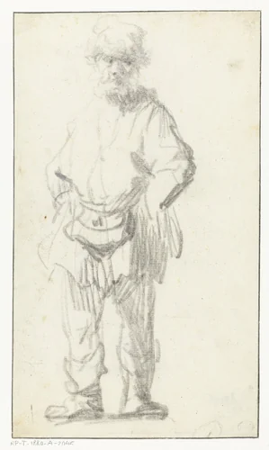Staande man met tas by Rembrandt van Rijn, drawing, 1629-1630