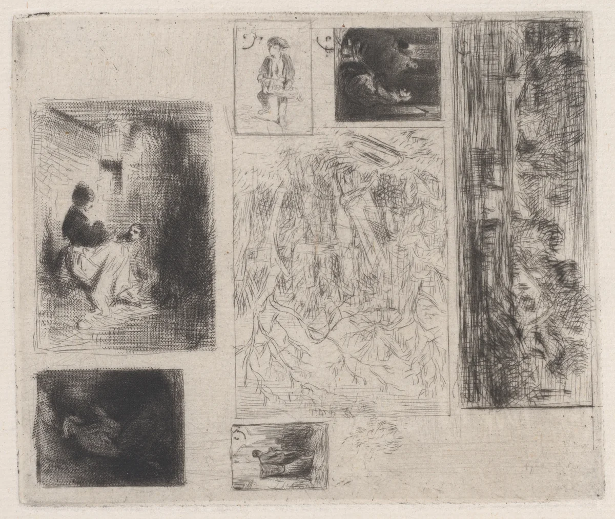 Composite plate: Woman and Children (a), Old Musician (b), Frying Merchant (c), Landscape (d), Landscape (e), Praying Monk (f), and Scavenger (g) by Charles Jacque, print, 1843