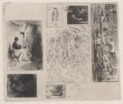 Composite plate: Woman and Children (a), Old Musician (b), Frying Merchant (c), Landscape (d), Landscape (e), Praying Monk (f), and Scavenger (g) by Charles Jacque, print, 1843