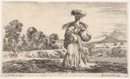 A peasant woman, standing in center facing right, carrying one basket on her head and another in her right arm, another peasant woman on a donkey and a figure on foot to left in the background, from "Various figures and lands" (Diverse figure e paesi) by Stefano della Bella, print, 1649