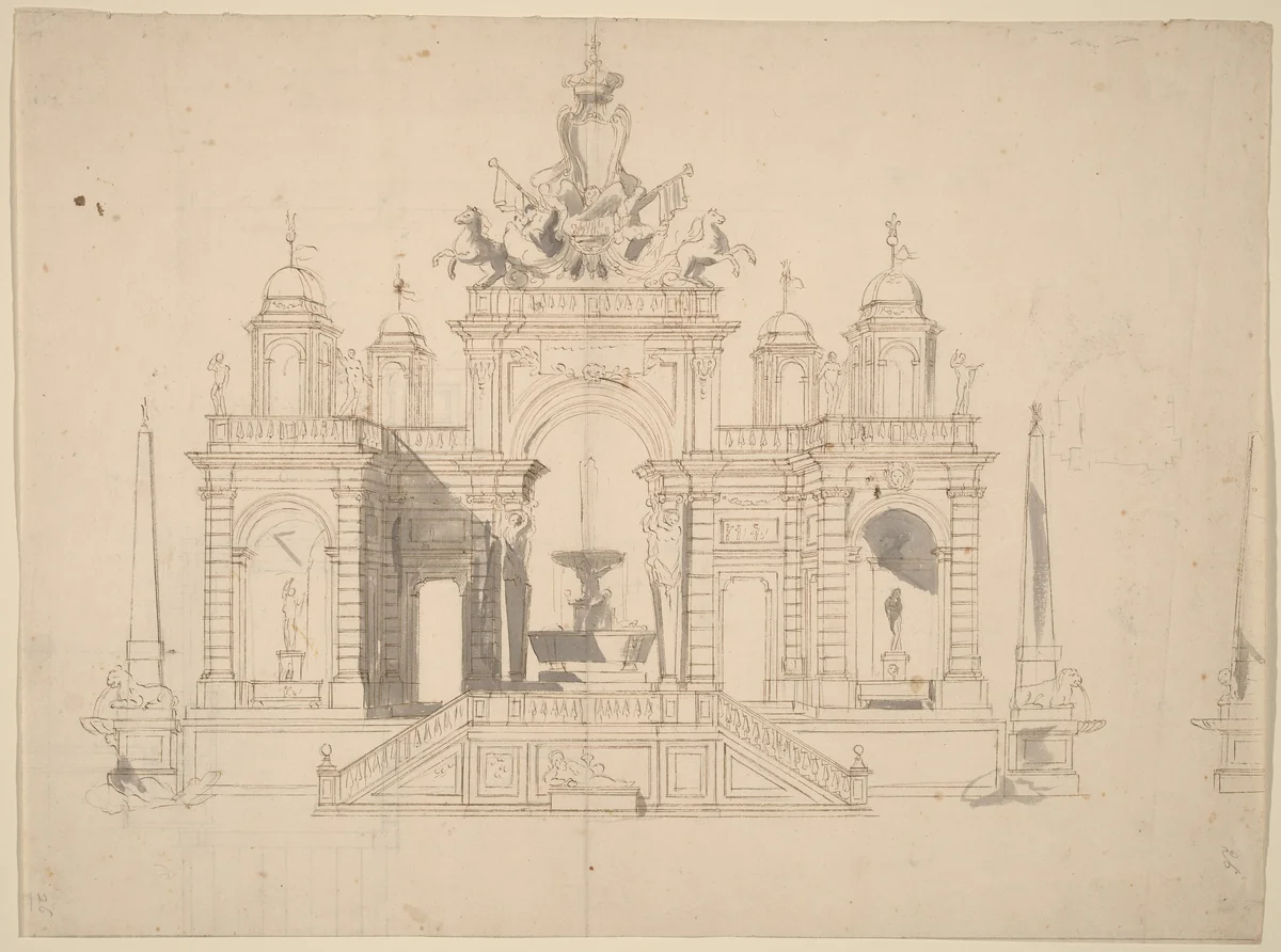 Study for "The Seconda Macchina for the Chinea of 1754: An Allegory of Waterworks" by Paolo Posi, drawing, 1754