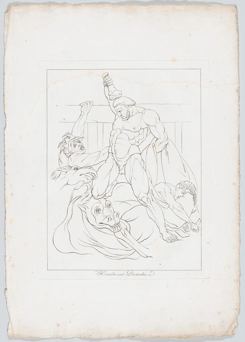 Hercules Slays Diomedes and his Flesh-Eating Mares (Apollodorus, II, 5, 8 and Quintus Smyrnaeus, VI, 247-250) by Johann Heinrich Lips, print, 1806