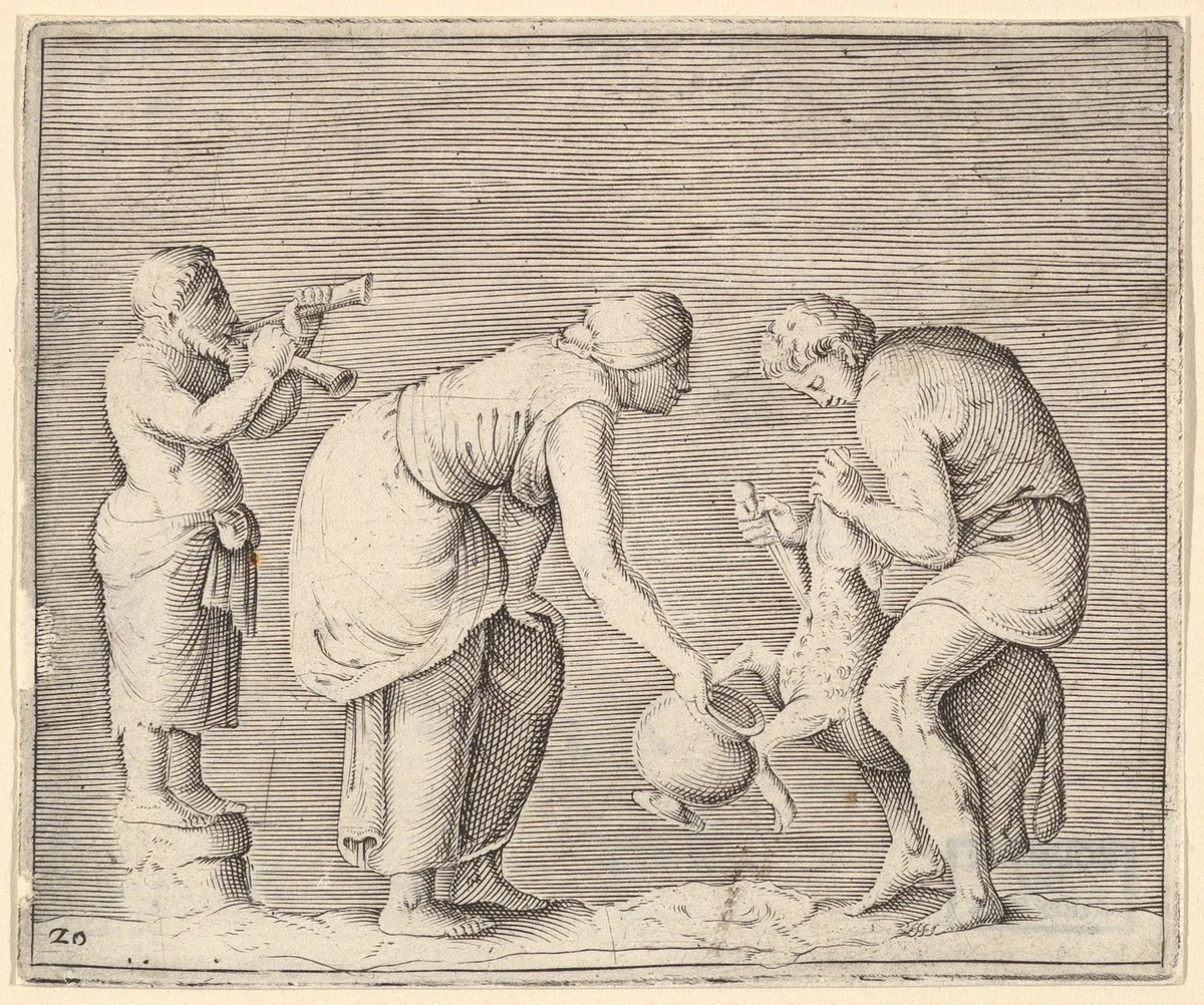 A Woman Collecting Blood from a Sheep, from "Ex Antiquis Cameorum et Gemmae Delineata/ Liber Secundus/et ab Enea Vico Parmen Incis" by anonymous, print, 1599-1622