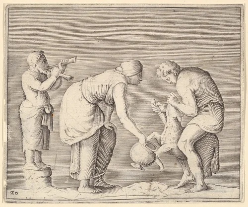 A Woman Collecting Blood from a Sheep, from "Ex Antiquis Cameorum et Gemmae Delineata/ Liber Secundus/et ab Enea Vico Parmen Incis" by anonymous, print, 1599-1622