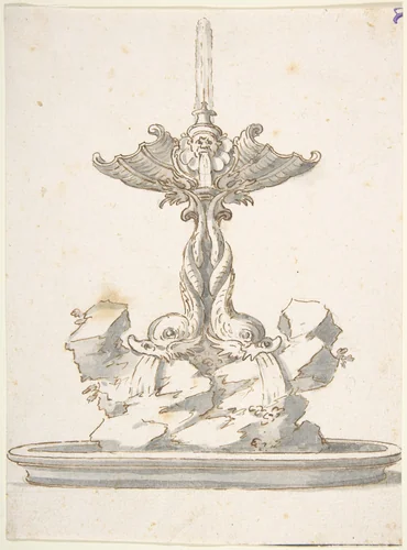 Design for Fountain with Dolphins and Grotesque Head by anonymous, drawing, 1700-1800