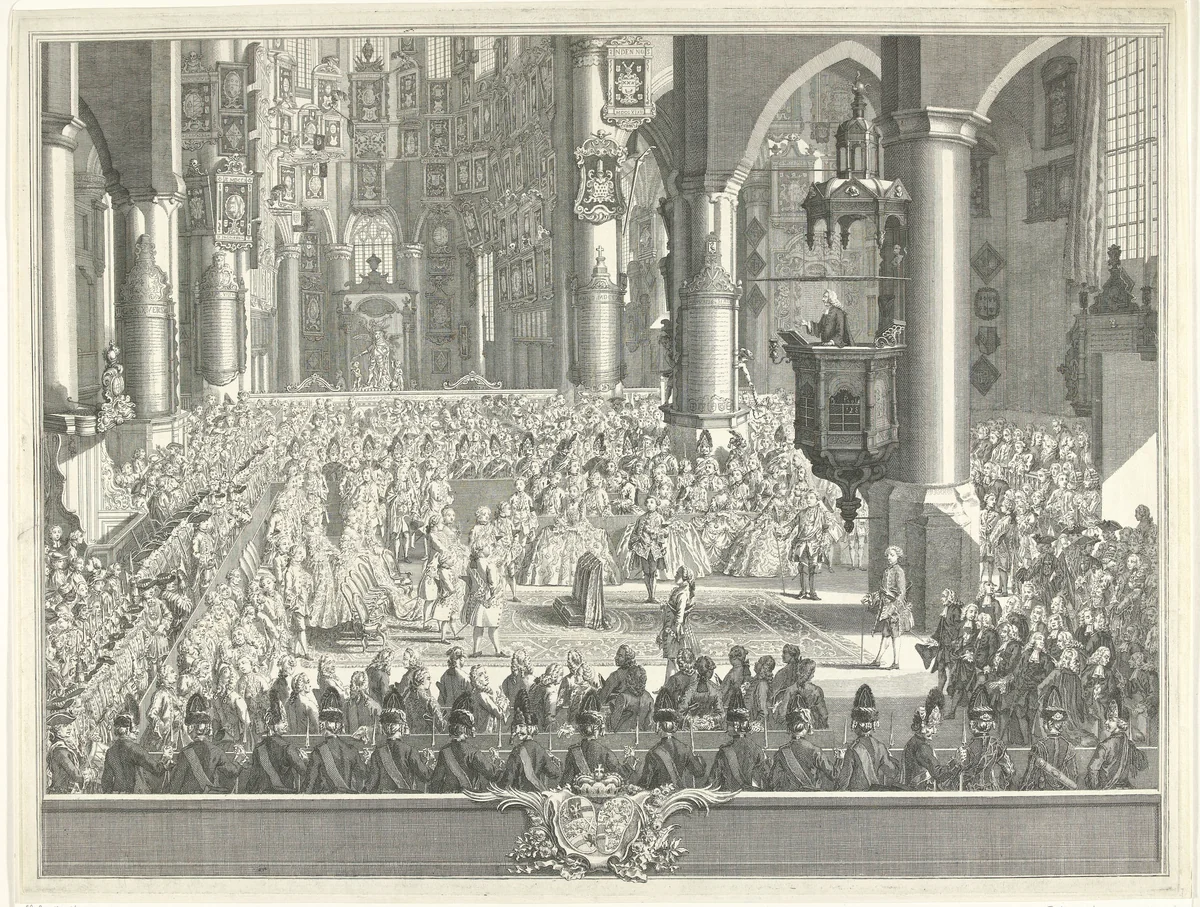 Huwelijk van Karel Christiaan van Nassau-Weilburg en Carolina, prinses van Oranje-Nassau, 1760 by Simon Fokke, print, 1759-1761