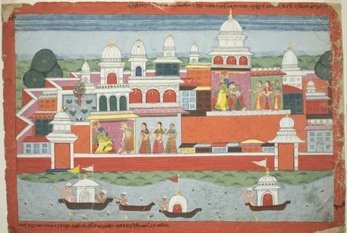 Rukmini Seeks Krishna's Permission to Visit her Brother Rukma, page from a Dispersed Bhagavata Purana manuscript by Nepal, painting, 1770-1780