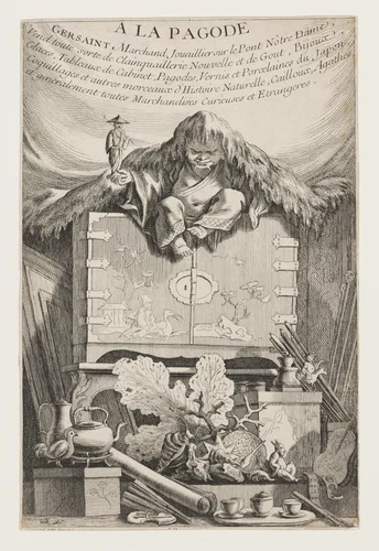 A la pagode (At the pagode), Trade card of Edme Gersaint by Anne Claude Philippe de Tubières, print, 1740