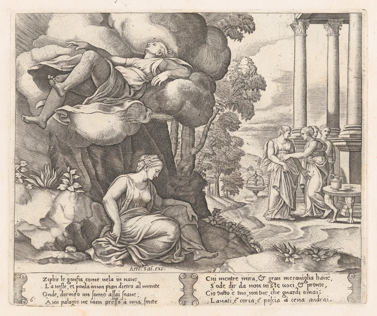Plate 6: Zephyr carrying Psyche to an enchanted palace, from "The Story of Cupid and Psyche as told by Apuleius" by Master of the Die, print, 1530-1560
