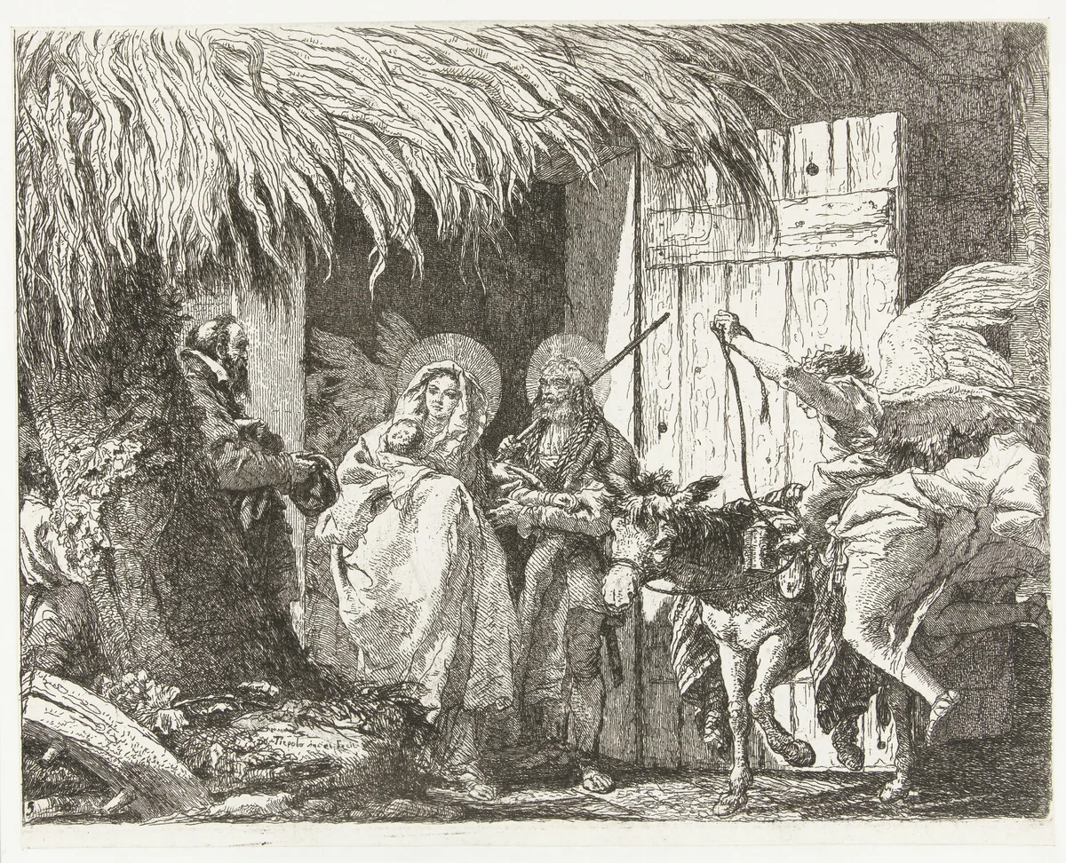 Jozef en Maria vragen onderdak by Giovanni Domenico Tiepolo, print, 1750-1753