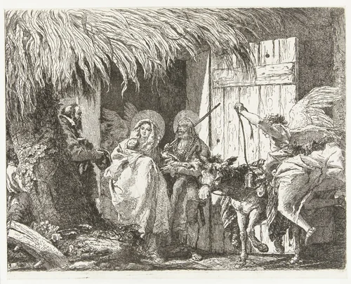 Jozef en Maria vragen onderdak by Giovanni Domenico Tiepolo, print, 1750-1753