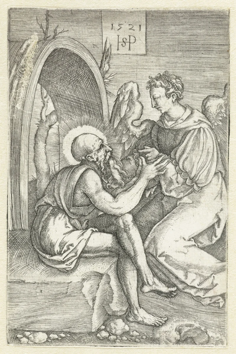 Heilige Hieronymus in gesprek met een engel by Unknown, print, 1521