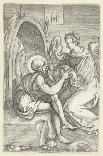 Heilige Hieronymus in gesprek met een engel by Unknown, print, 1521