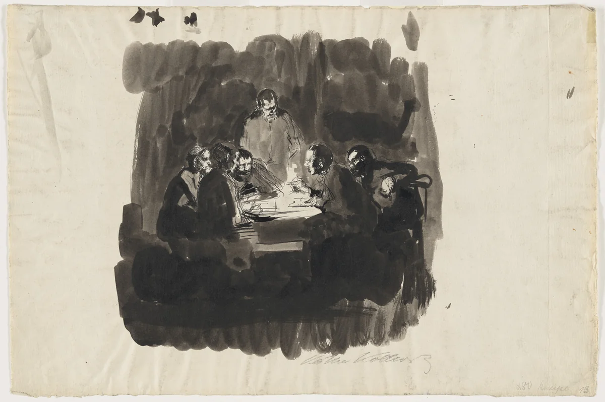Six People at a Table by Lamplight (Sechs Personen an einem Tisch bei Lampenlicht) by Käthe Kollwitz, drawing, 1892