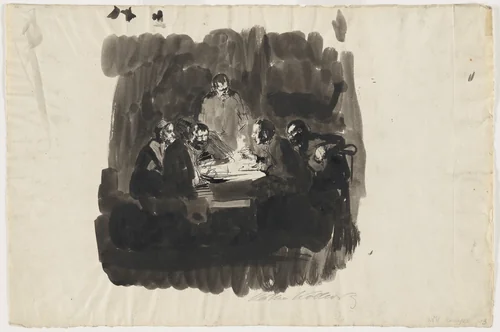 Six People at a Table by Lamplight (Sechs Personen an einem Tisch bei Lampenlicht) by Käthe Kollwitz, drawing, 1892