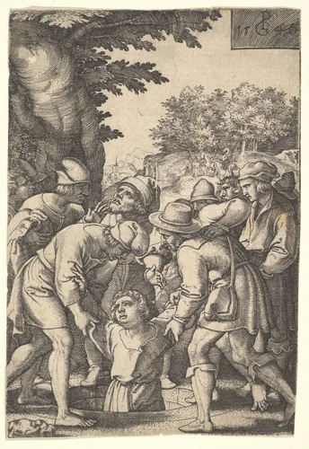 Joseph lowered into a well by his brothers, from "The Story of Joseph" by Georg Pencz, print, 1546