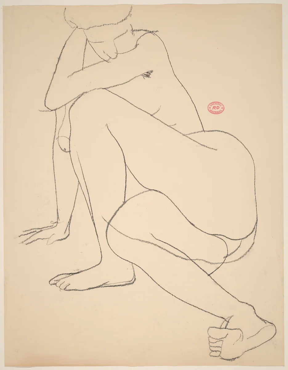 Untitled [female nude on the floor leaning on her right arm] by Richard Diebenkorn, drawing, 1955-1967