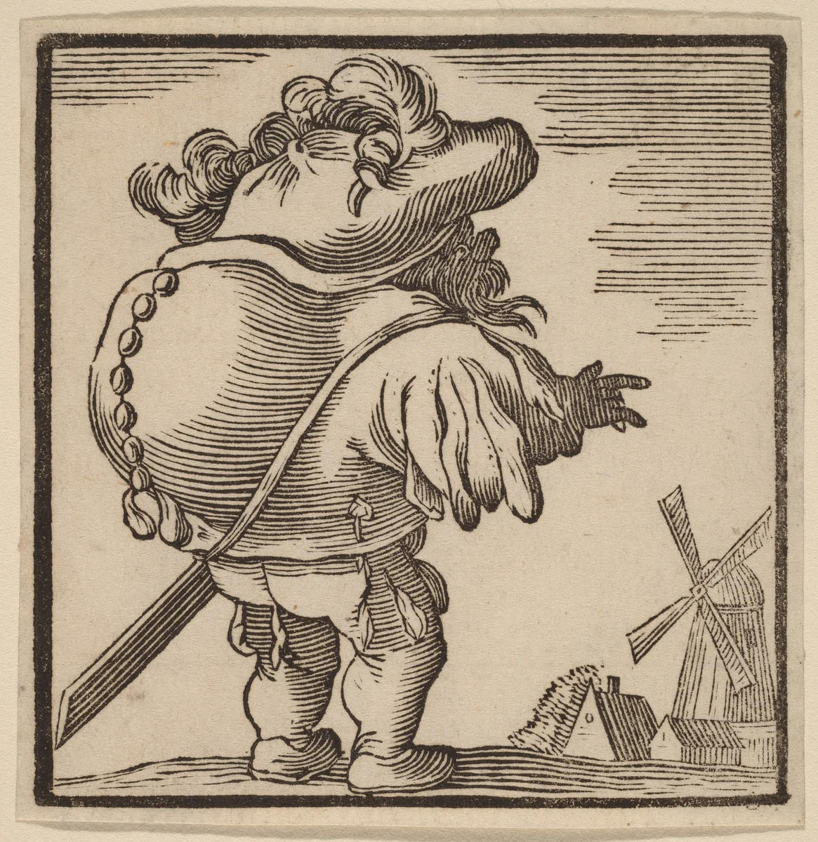 Hunchback Gazing at a Windmill by H. Numan, print, 1769-1771