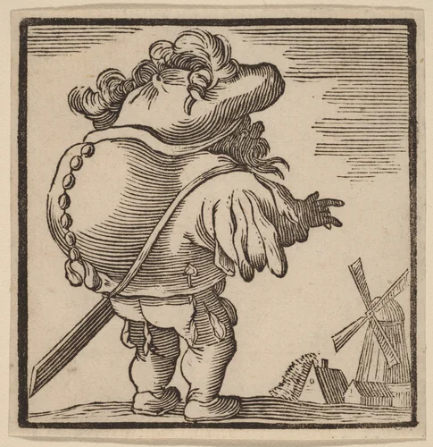 Hunchback Gazing at a Windmill by H. Numan, print, 1769-1771