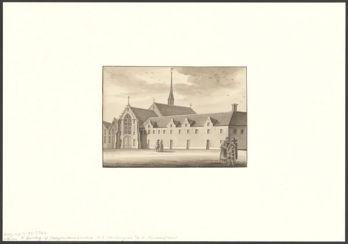 Gezicht op het Sint Geertruidenklooster aan de Nieuwzijds Voorburgwal by anonymous, drawing, 1700-1799