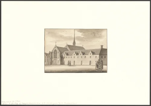 Gezicht op het Sint Geertruidenklooster aan de Nieuwzijds Voorburgwal by anonymous, drawing, 1700-1799