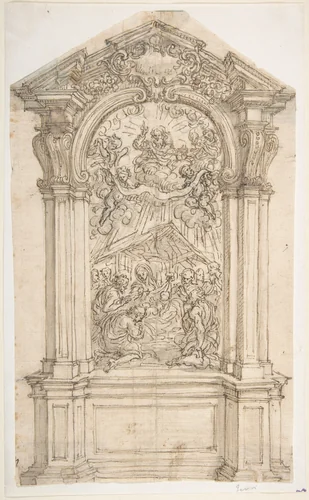 Design for an Altar with a Painting of the Adoration of the Shepherds and God the Father Above by Giovanni Battista Foggini, drawing, 1652-1725