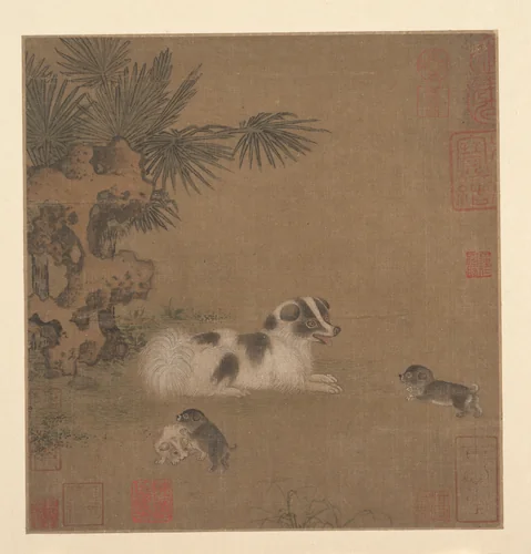 Puppies Playing beside a Palm Tree and Garden Rock by Unidentified Artist, painting, 1400-1499