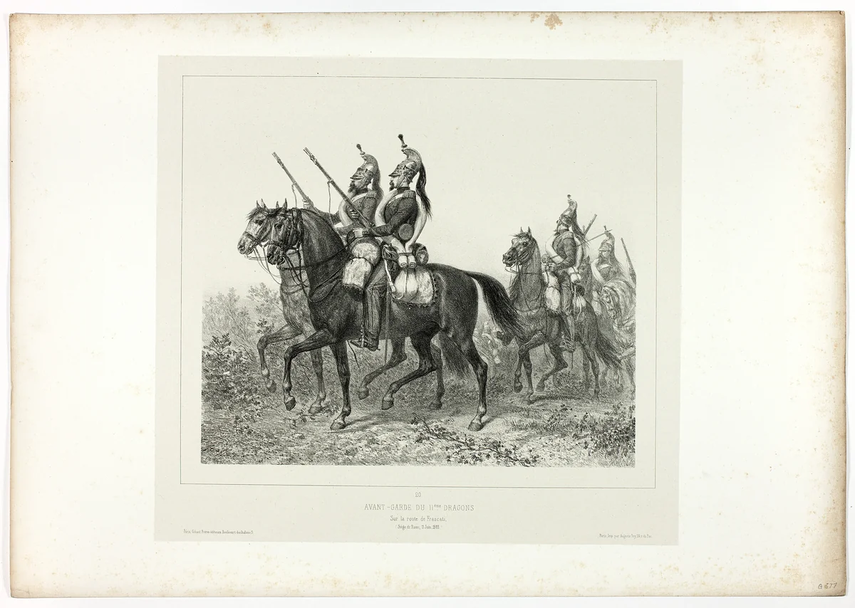 11th dragoons advance guard, from Souvenirs d’Italie: Expédition de Rome by Denis Auguste Marie Raffet, print, 1854