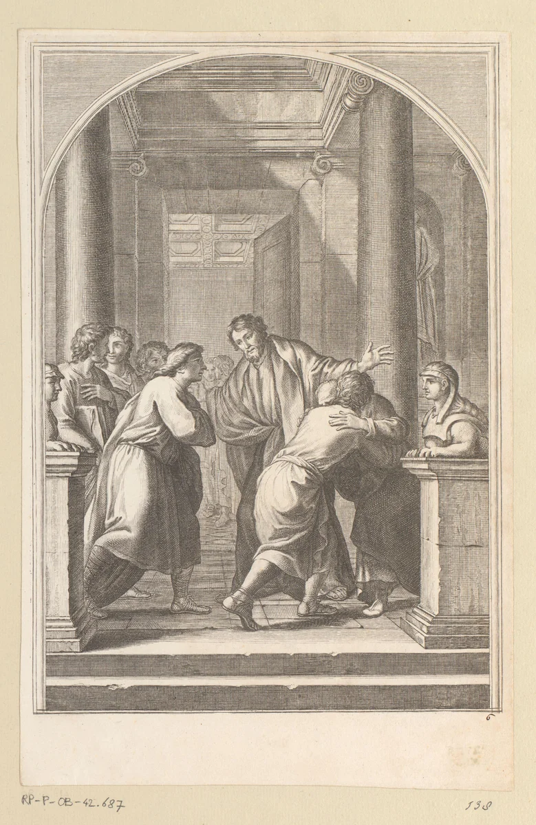 Heilige Bruno en enkele van zijn discipelen doen afstand van de wereld by François Chauveau, print, 1623-1676