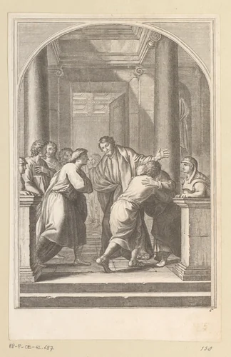 Heilige Bruno en enkele van zijn discipelen doen afstand van de wereld by François Chauveau, print, 1623-1676