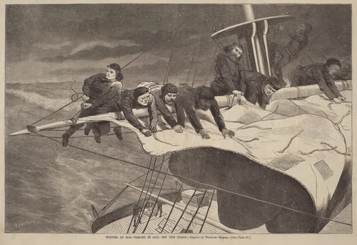 Winter at Sea - Taking in Sail Off the Coast by Winslow Homer, print, 1869