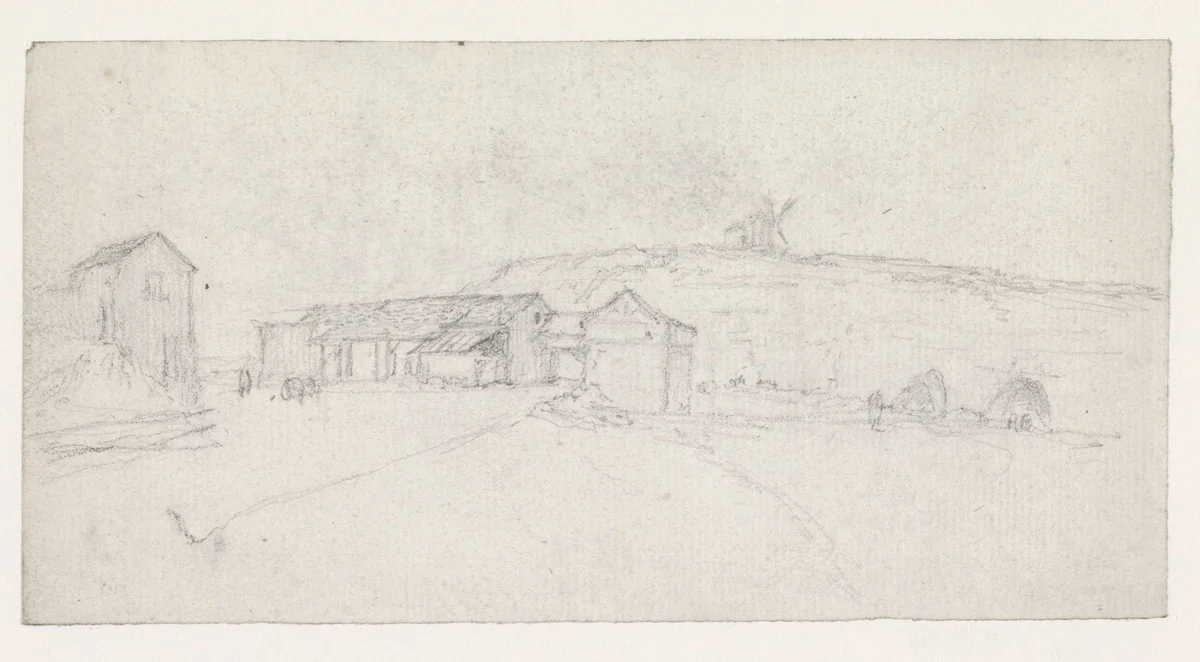 Boerderijen en een stal aan de voet van een heuvel met een molen by Georges Michel, drawing, 1773-1843